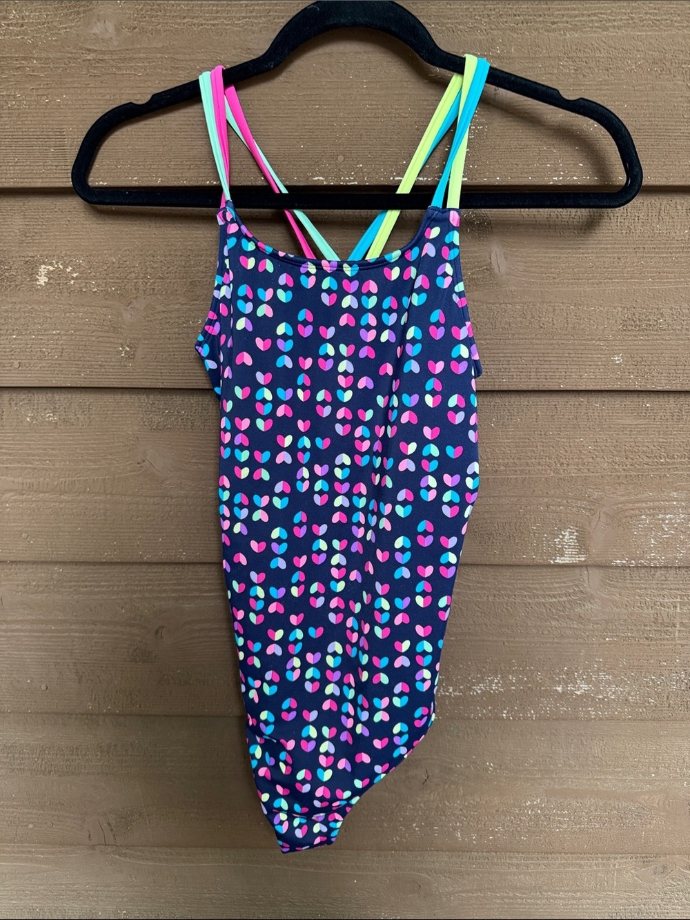 Lands' End Navy One-Piece Swimsuit with Neon Pink, Aqua & Yellow Hearts size 16+